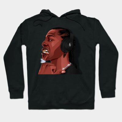 Black graphic hoodie with bold illustration, featuring headphones and jewelry, perfect for casual wear and street style.