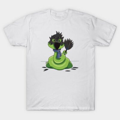 White t-shirt with green cartoon character design, featuring a playful style, suitable for casual wear.