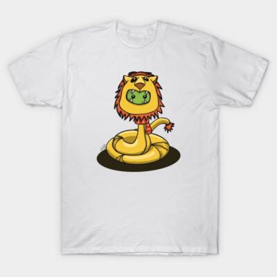 White T-shirt with cartoon snake wearing lion costume, playful design, cotton fabric, casual style.