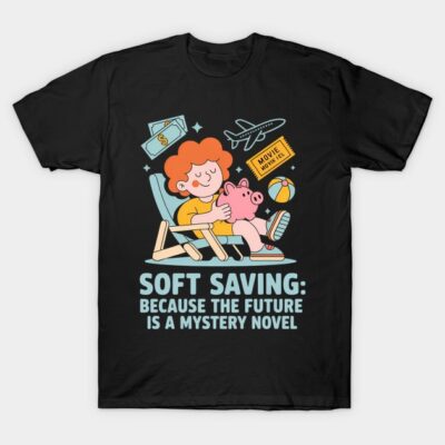 Black T-shirt with "Soft Saving" graphic, cartoon style, casual wear, cotton material, motivational text design.
