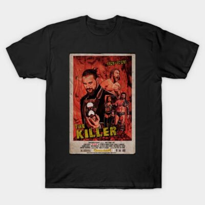 Black cotton T-shirt with vintage horror movie poster design, featuring bold red and yellow text, casual wear.