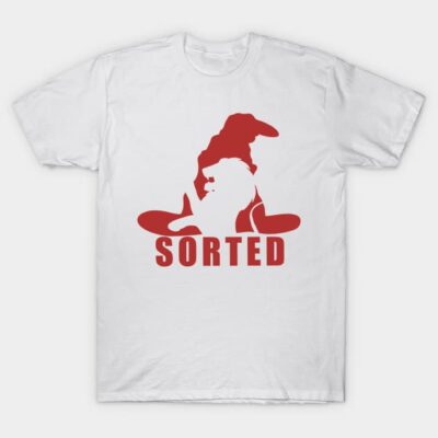 White t-shirt with red "Sorted" graphic, casual style. Perfect for everyday wear, made from soft cotton.