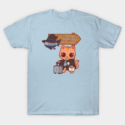 Light blue t-shirt with cute cat graphic, featuring a "Magic Academy" theme. Casual style, cotton material.