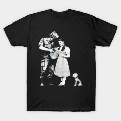Black graphic t-shirt featuring a vintage-style design with a whimsical scene, perfect for casual wear.
