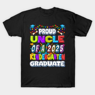 Black t-shirt with colorful "Proud Uncle of a 2025 Kindergarten Graduate" text, festive graduation design.