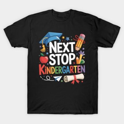Black kids' t-shirt with colorful "Next Stop Kindergarten" design, featuring school-themed graphics and playful text.