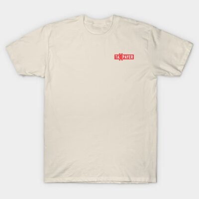 Cream T-shirt with "Taxpayer" text in red, casual style, cotton material, ideal for everyday wear.