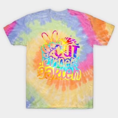 Tie-dye t-shirt with colorful "Out Kindergarten" design, casual style, cotton material, vibrant hues.