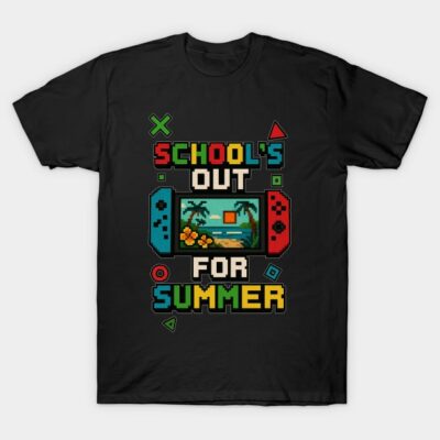 Black "School's Out for Summer" graphic t-shirt, gaming theme, colorful pixel art design, casual wear cotton tee.