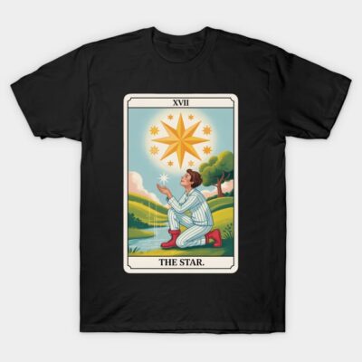 Black T-shirt featuring a colorful tarot card design with "The Star" illustration, ideal for casual wear.