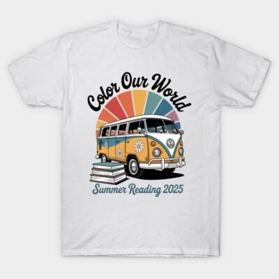 "White t-shirt featuring colorful van and books graphic with 'Color Our World' and 'Summer Reading 2025' text design."