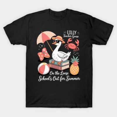 Black t-shirt with summer-themed goose and crab design, featuring books, beach ball, pineapple, and umbrella graphics.