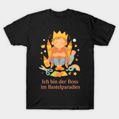 Black cotton t-shirt with colorful craft-themed design, text "Ich bin der Boss im Bastelparadies", casual wear.