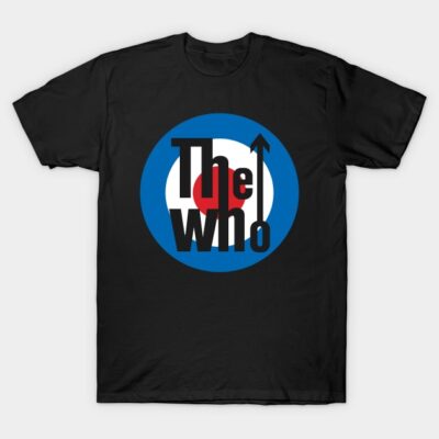 Black graphic T-shirt with bold circular target design, featuring a retro style logo. Cotton material, casual wear.