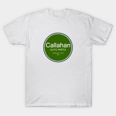 White cotton t-shirt featuring green "Callahan Auto Parts" logo, casual style, ideal for everyday wear.