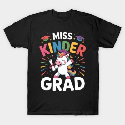 Black T-shirt with colorful "Miss Kinder Grad" unicorn graphic, ideal for kindergarten graduation.
