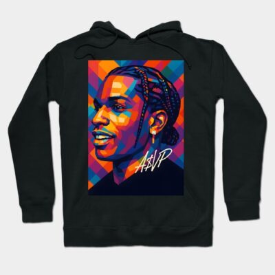 Black hoodie with vibrant geometric portrait design, featuring colorful abstract art. Soft cotton, casual wear.