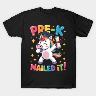 Black "Pre-K Nailed It" unicorn t-shirt, colorful design, graduation theme, fun kids clothing, cotton material.