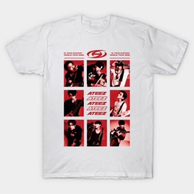 White unisex t-shirt with red graphic design featuring a band theme, ideal for casual wear, soft cotton material.