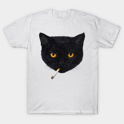 White t-shirt with black cat graphic, cigarette detail, casual unisex wear, cotton material, unique style.