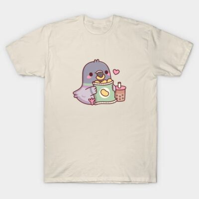 Cute cartoon pigeon graphic on white t-shirt, casual wear, cotton blend, novelty design, bird lovers, unisex.