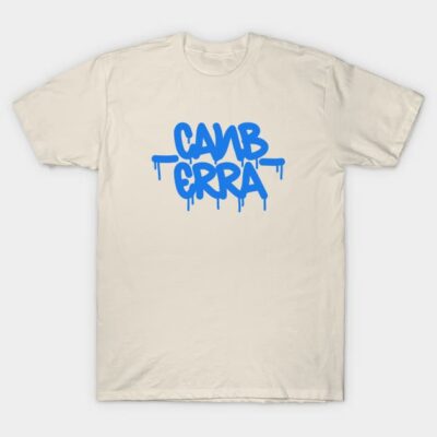 Cream T-shirt with blue graffiti-style print, casual cotton top, ideal for streetwear fashion and everyday comfort.