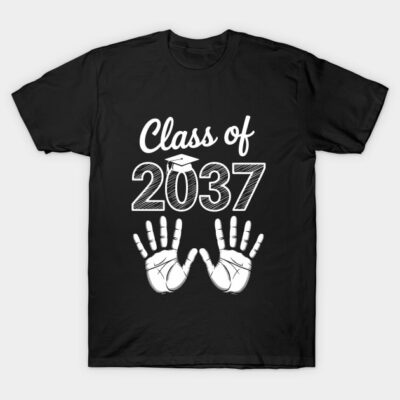Black "Class of 2037" T-shirt with white graphic design featuring handprints, perfect for graduation celebrations.