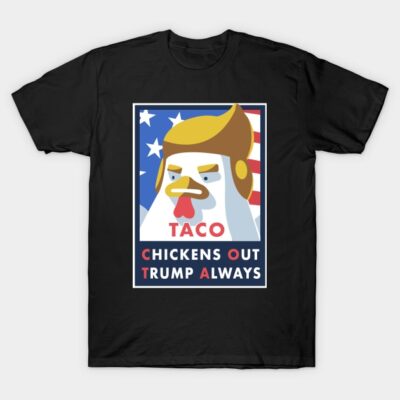 "Black novelty T-shirt with cartoon chicken and humorous text, American flag background, casual style, cotton material."