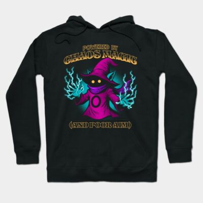 Black hoodie with colorful fantasy wizard design, "Powered by Chaos Magic" text, casual wear, cotton blend.