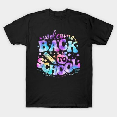 Black "Welcome Back to School" t-shirt with colorful gradient text and star design, perfect for school events.
