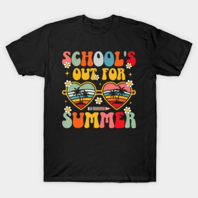 Black T-shirt with colorful "School's Out for Summer" text and heart-shaped sunglasses design, casual summer wear.