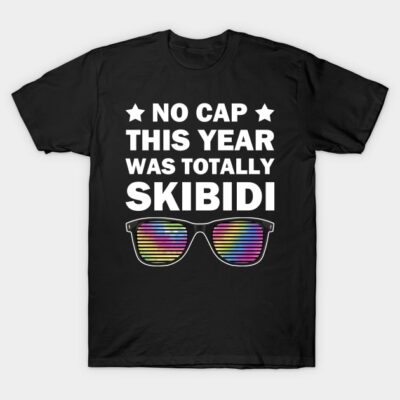 Black t-shirt with bold white text and colorful sunglasses graphic, casual style, perfect for everyday wear.