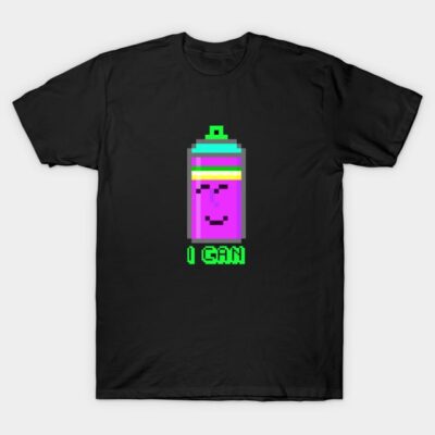 Black t-shirt with colorful pixel art spray can design and "I CAN" text, casual cotton clothing for everyday wear.