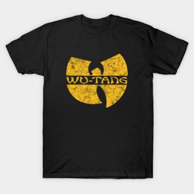 Black t-shirt with yellow logo design, casual unisex style, perfect for everyday wear, made from soft cotton material.
