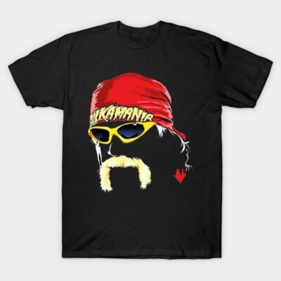 Black t-shirt with colorful graphic design featuring a red bandana and sunglasses, casual wear, cotton material.