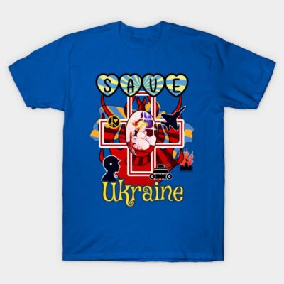 Blue "Save Ukraine" graphic t-shirt with colorful peace and unity design, ideal for casual wear and awareness support.