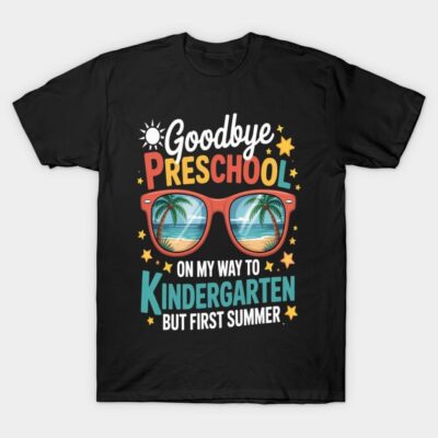 Black t-shirt with colorful "Goodbye Preschool" design featuring sunglasses and summer theme, ideal for kids.