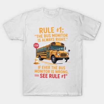 White cotton t-shirt with a humorous bus monitor design featuring a cartoon school bus and playful text.