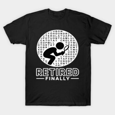 Black T-shirt with "Retired Finally" text and word search puzzle graphic, casual wear, cotton fabric.