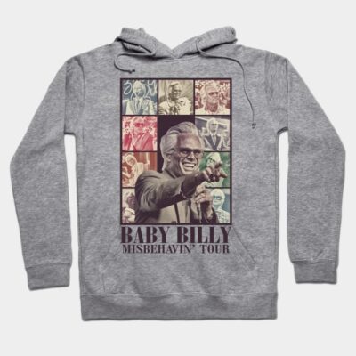 Gray hoodie with retro collage design, featuring text "Baby Billy Misbehavin' Tour", casual and comfortable style.