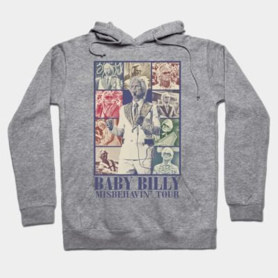 Gray hoodie with colorful graphic collage, "Baby Billy Misbehavin' Tour" print, casual wear, cotton blend material.