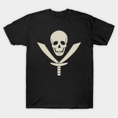 Black skull and crossbones t-shirt, pirate-themed design, casual wear, cotton fabric, unisex style, perfect for gifting.