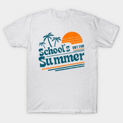 White t-shirt with "School's Out for Summer" print, featuring palm trees and sun design, casual summer wear.