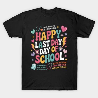 Black T-shirt with colorful "Happy Last Day of School" graphic, perfect for school events or casual wear.