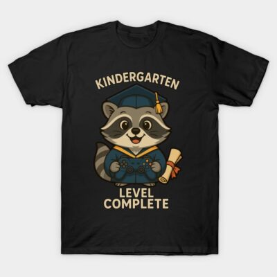 Black t-shirt with raccoon graduation design, text "Kindergarten Level Complete," playful gift for kids.