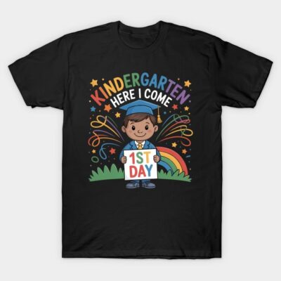 Black t-shirt with "Kindergarten Here I Come" colorful design, featuring a child illustration and "1st Day" text.