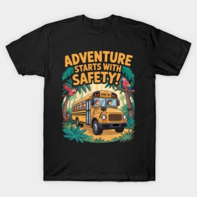 Black t-shirt with "Adventure Starts with Safety" design featuring school bus and jungle theme. Casual and fun style.
