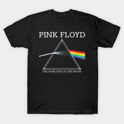 Black graphic t-shirt featuring prism and rainbow design, cotton material, casual wear, music-inspired style.