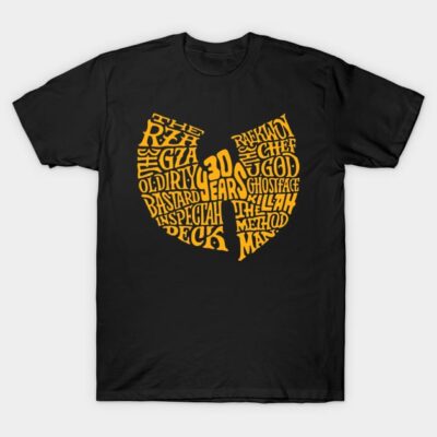 Black t-shirt with yellow graphic design featuring text art, casual style, suitable for everyday wear.