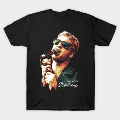 Black graphic t-shirt with vintage musician design, featuring sunglasses and microphone. Casual music fan apparel.